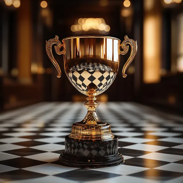 Golden trophy cup with ornate handles on a black-and-white checkered floor in a warmly lit blurred interior.