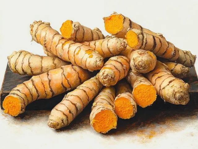 Fresh turmeric roots with orange cut interiors piled on a dark wooden board against a light background.