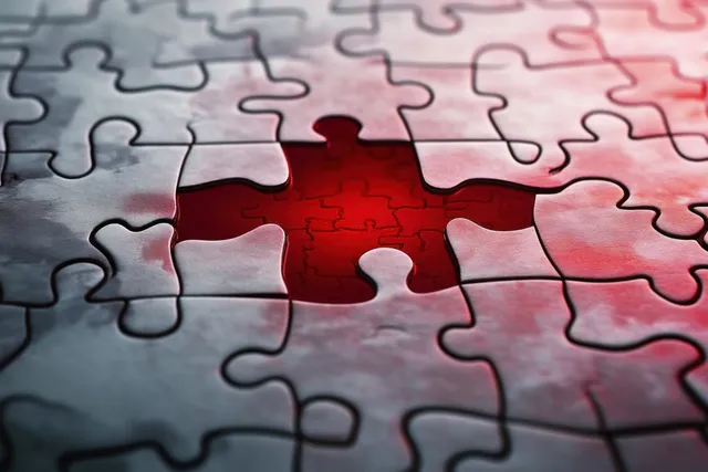 White jigsaw puzzle pieces on a board with one missing piece exposing a red layer underneath.