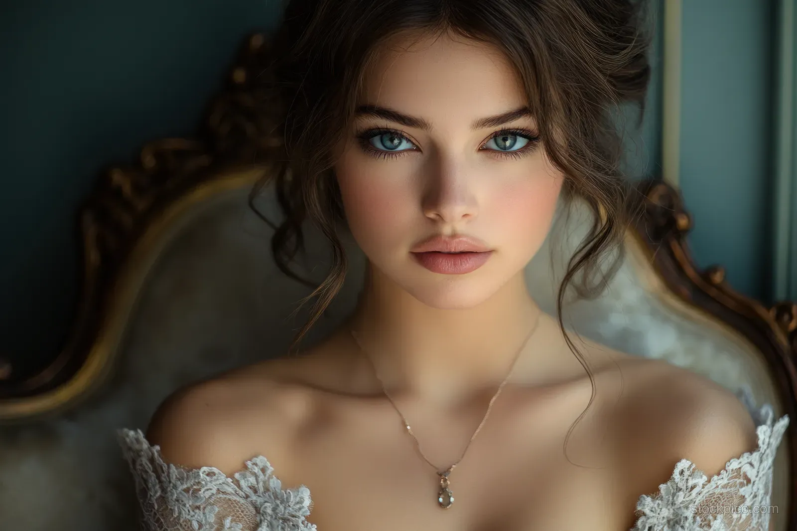 Brunette woman seated indoors, wearing a diamond necklace and lace dress under high-contrast lighting.