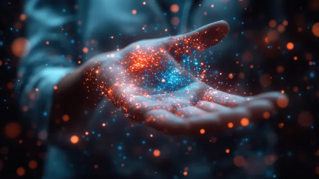 Glowing AI medical hologram projected over a clinician’s hand in a futuristic lab