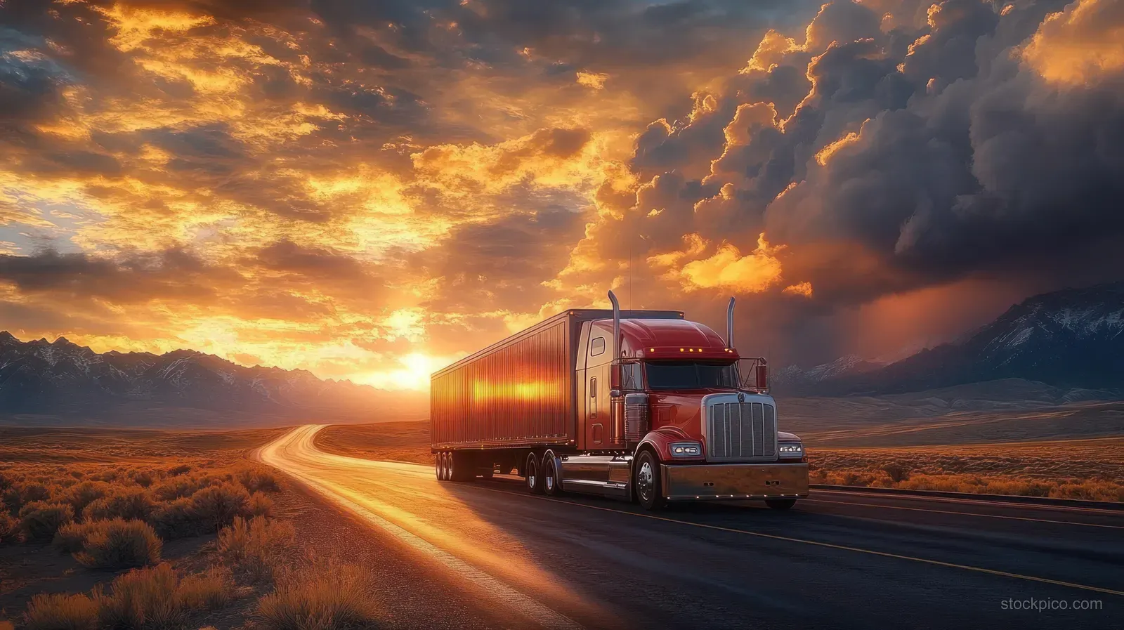 A red semi-truck drives on a winding highway under a fiery sunset sky with bright clouds.