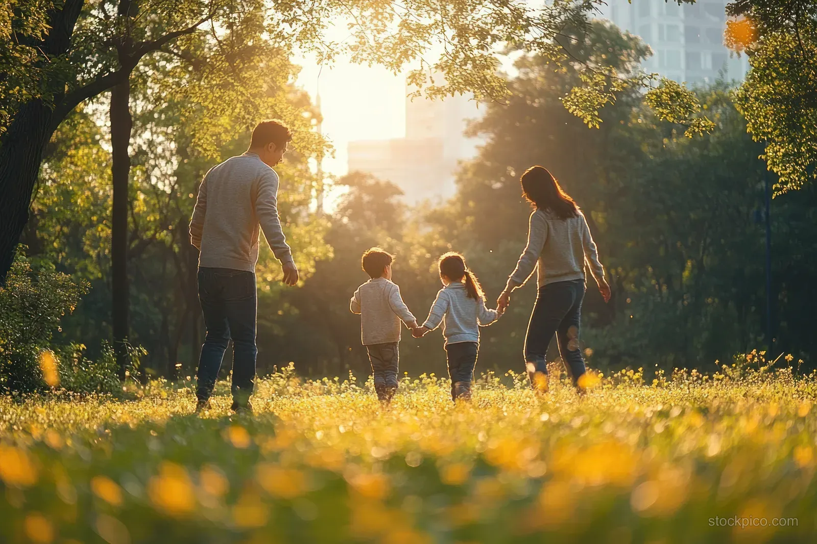 Four family members walk hand in hand through sunlit flowers in a park at golden hour.