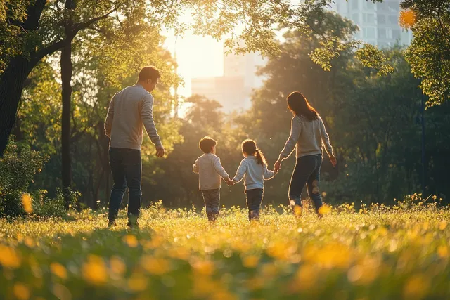 Family of four walking hand in hand through sunlit flowers at golden hour