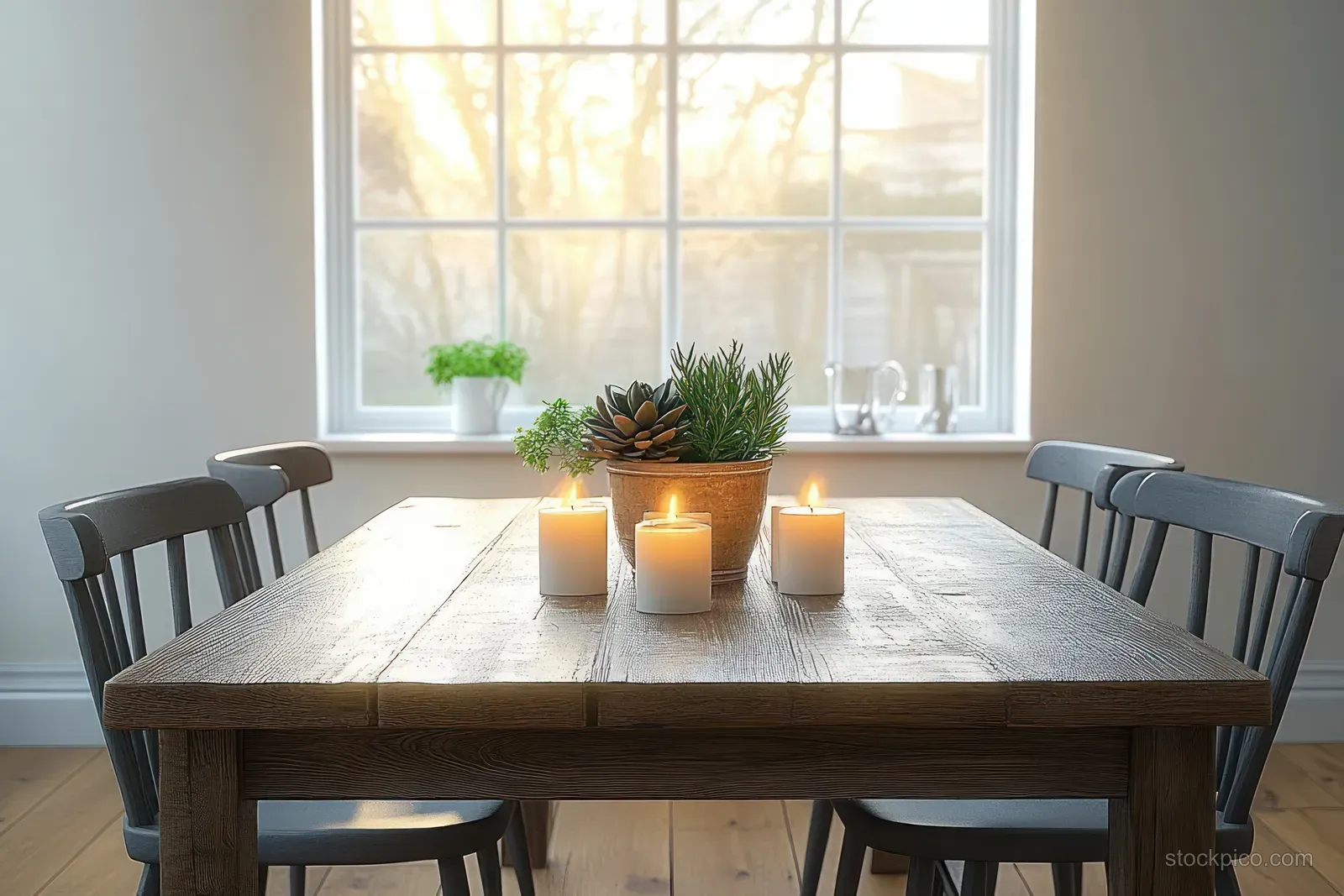 Rustic Scandinavian dining room with wooden table, succulents, three candles, and chairs in front of a sunny window.