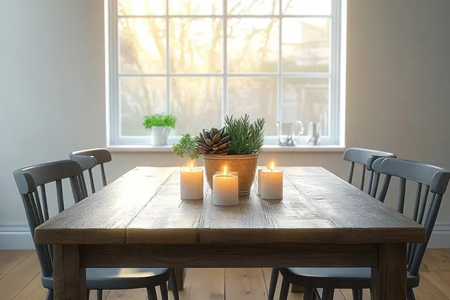 Rustic Scandinavian dining room with wooden table, succulents, three candles, and chairs in front of a sunny window.