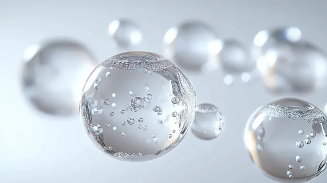 Transparent water bubbles with tiny trapped air bubbles float on a soft light background.