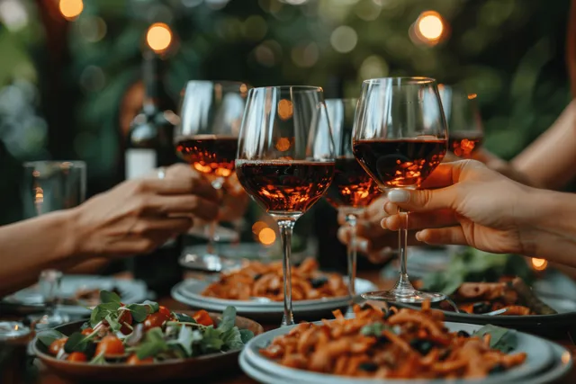 Friends raise red wine glasses above a BBQ dinner table during a summer backyard gathering.