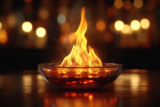 A bright candle flame glows in a shallow glass dish with soft golden bokeh lights in the background.