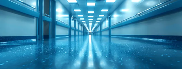 Light blue blurred hospital corridor hallway with ceiling lights forming a bright vanishing point.