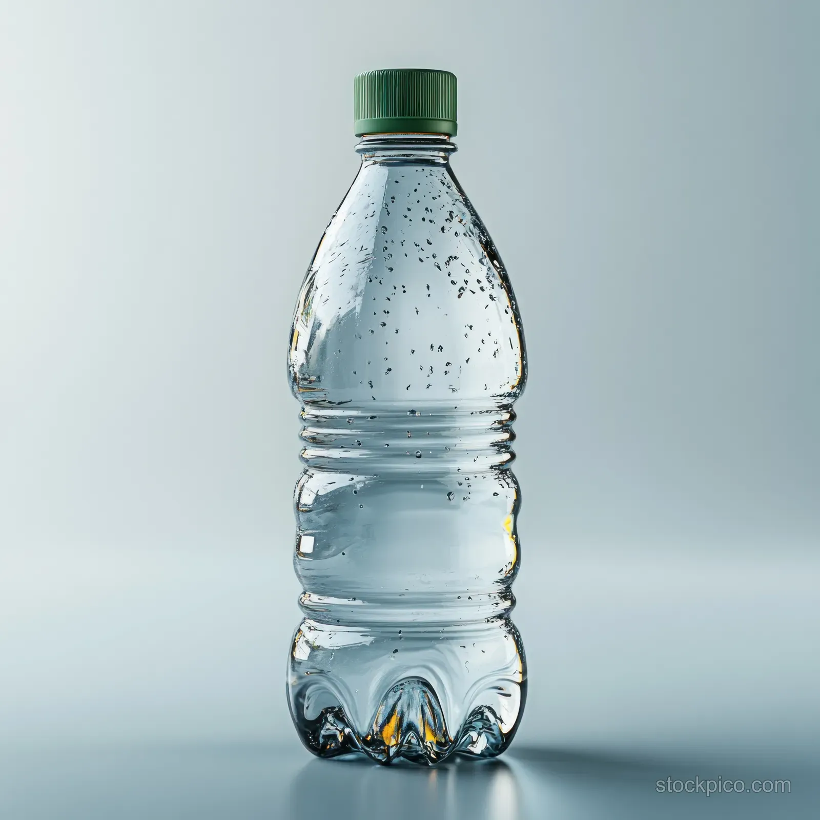 Front view of a clear 1-liter plastic water bottle with a green cap, isolated on a white background.