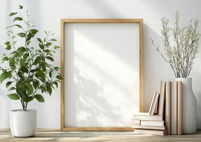 Minimalist room vignette with empty picture frame, stacked books, and sunlit potted plants