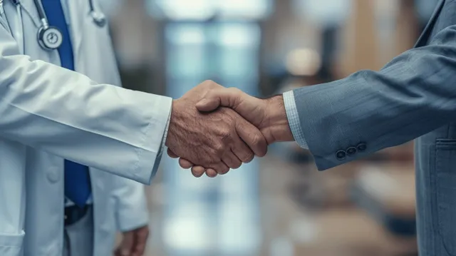 Doctor and businessman shake hands in a hospital hallway while wearing uniforms with stethoscope visible.
