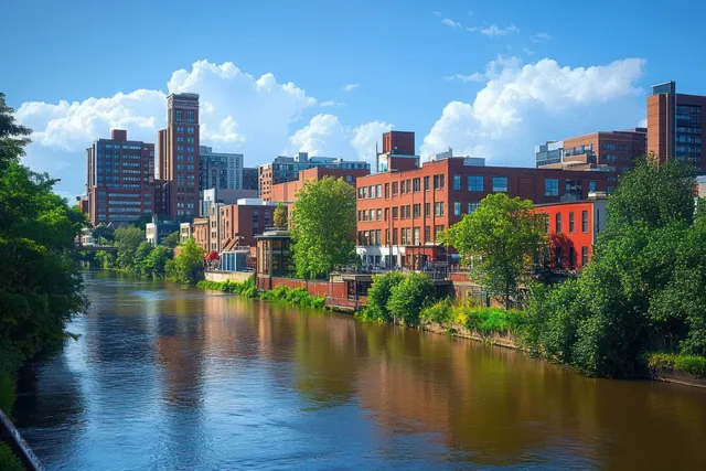 Peoria skyline reflected in a calm river with lush green trees under a bright blue sky.