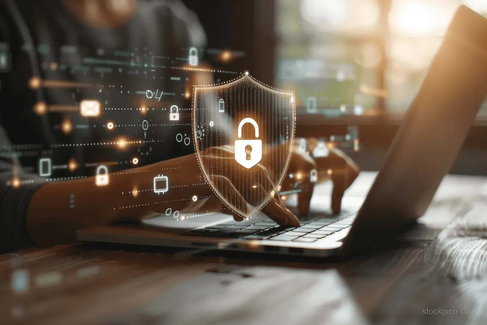 Glowing lock shield icon over a laptop showing encrypted network lines and secure document transfer.