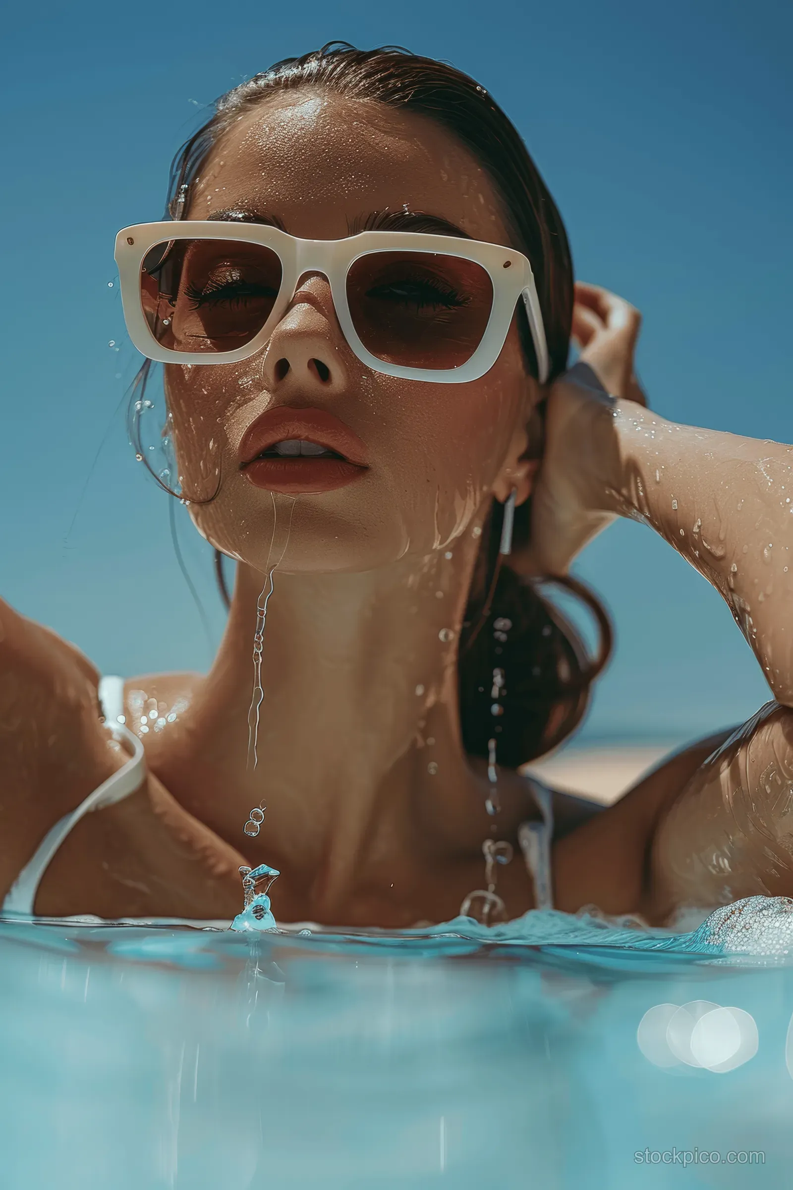 Woman in white sunglasses lounges in a pool, water droplets on skin, sunny blue sky behind her.
