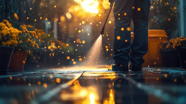 Electric pressure washer sprays water jet onto a wet concrete driveway with dirt splashing outward.