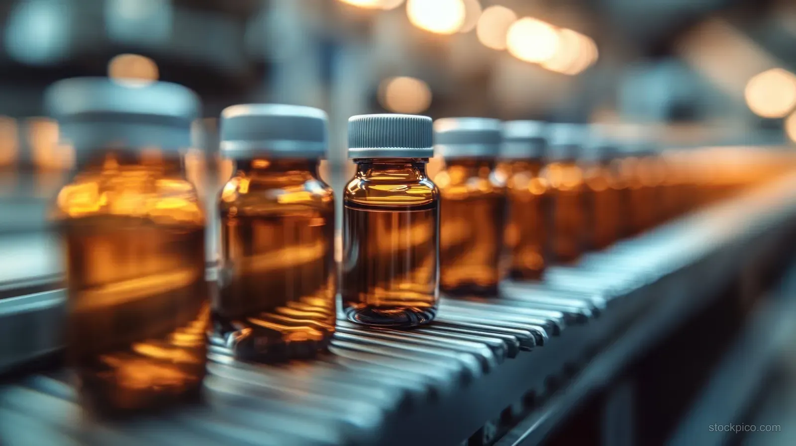 Amber glass medicine bottles with white caps arranged in a row on a factory conveyor belt.