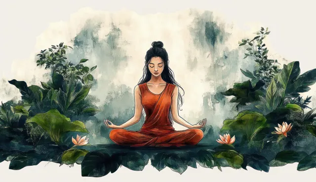 Watercolor illustration of a meditating woman in an orange dress seated cross-legged among green leaves and flowers.