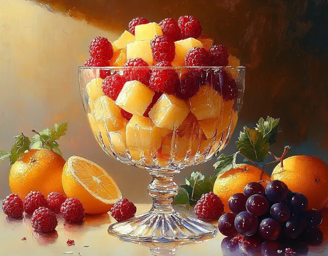 Glass bowl with mango cubes and raspberries, oranges and grapes on a warm-lit table