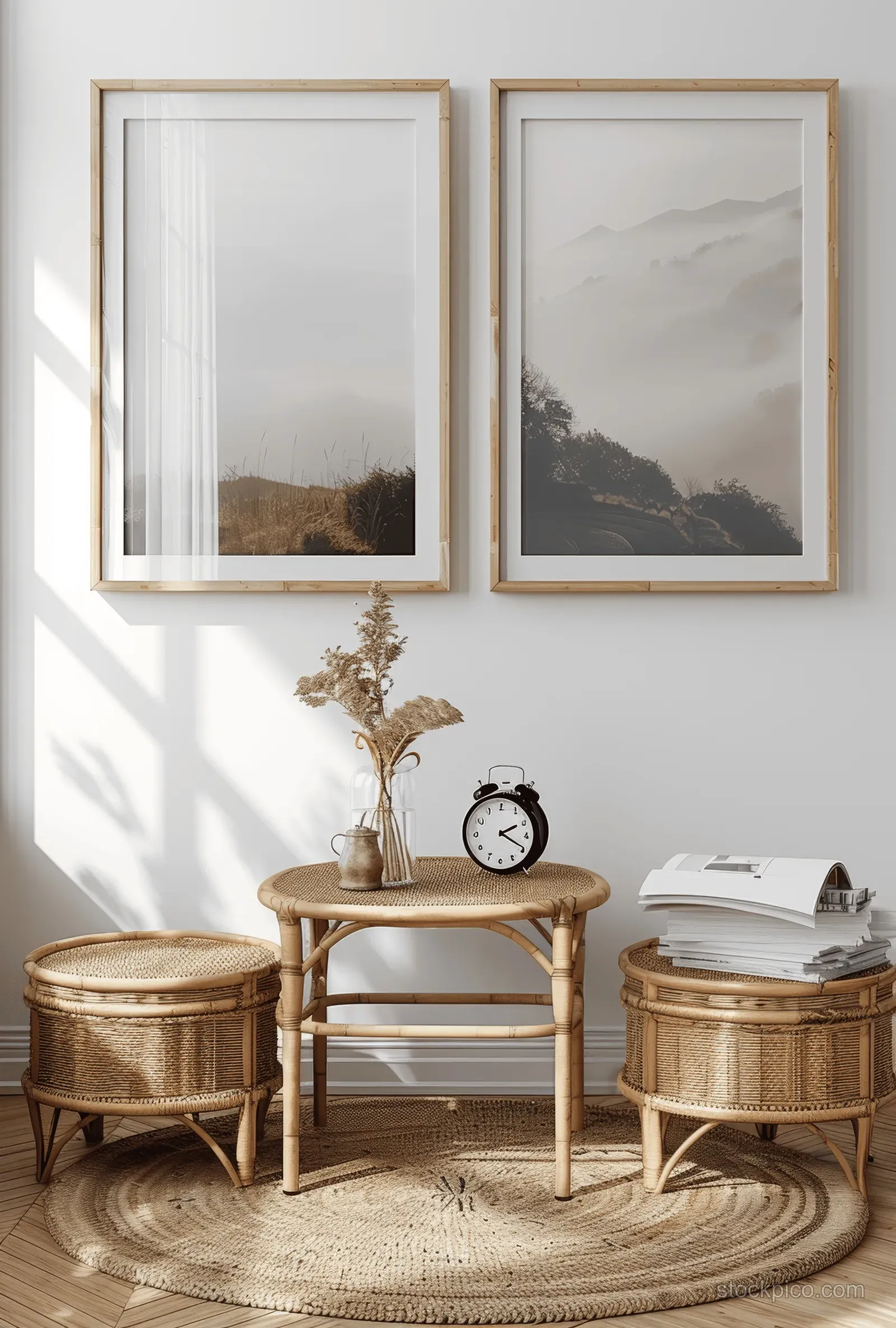 Nordic living room corner with two blank picture frames, a small wooden bench, a black clock, and woven stools on beige floor.