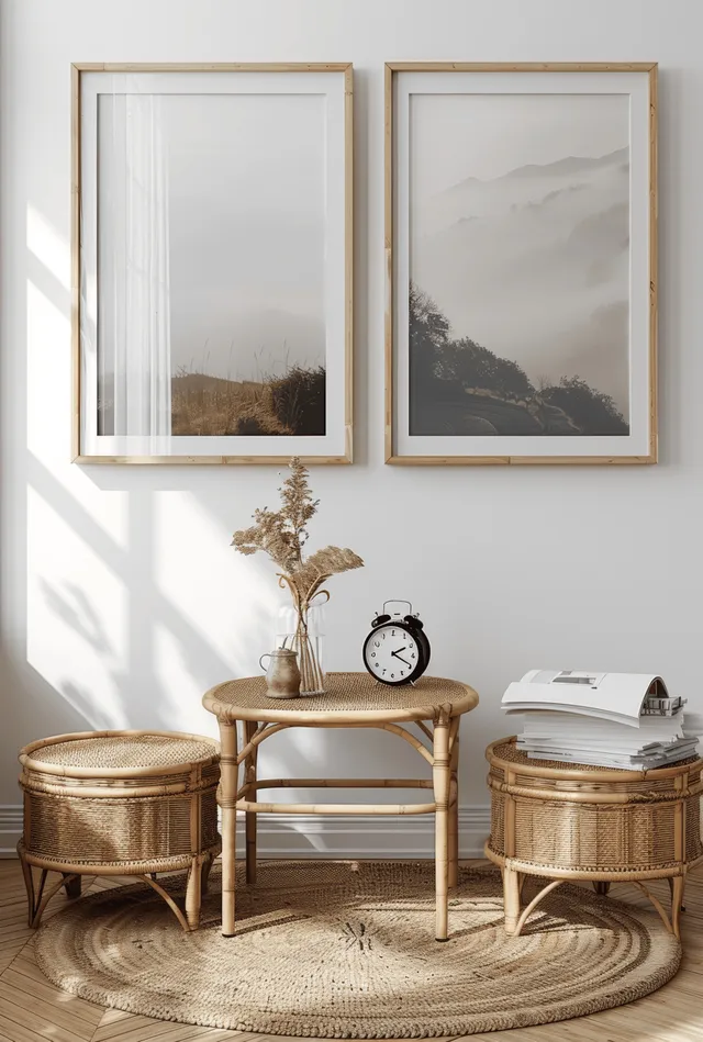 Nordic living room scene with blank picture frame, wooden bench, and minimalist clock on white wall