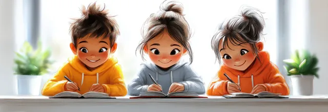 Three smiling children studying at a classroom window with colorful pencils