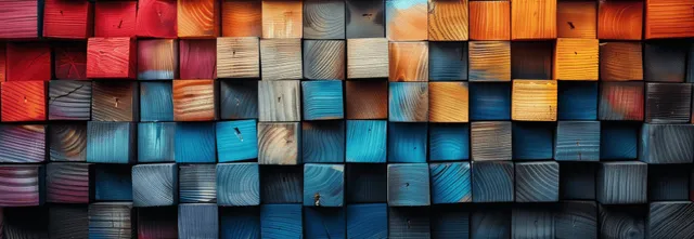 Colorful wooden cube blocks arranged in an abstract grid with bold texture