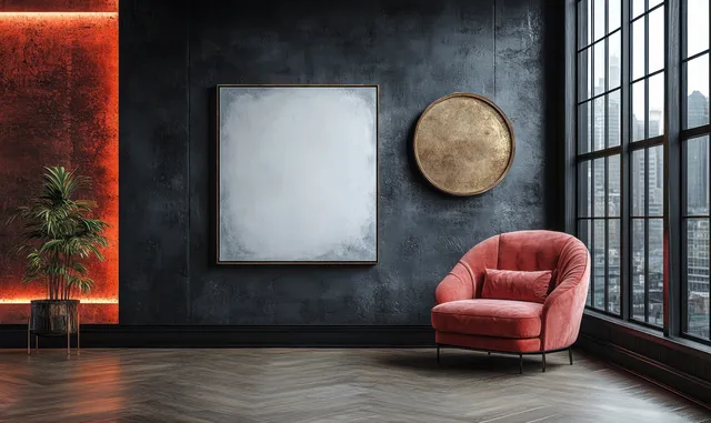 Plush pink armchair on a gray floor against a dark black wall with framed art, warm lamp glow, and window light.