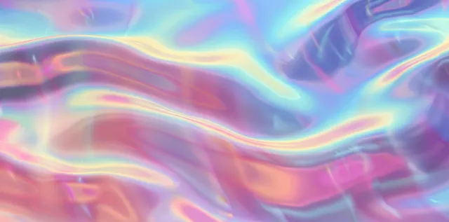 Iridescent holographic rainbow foil swirl texture over soft pastel marble background