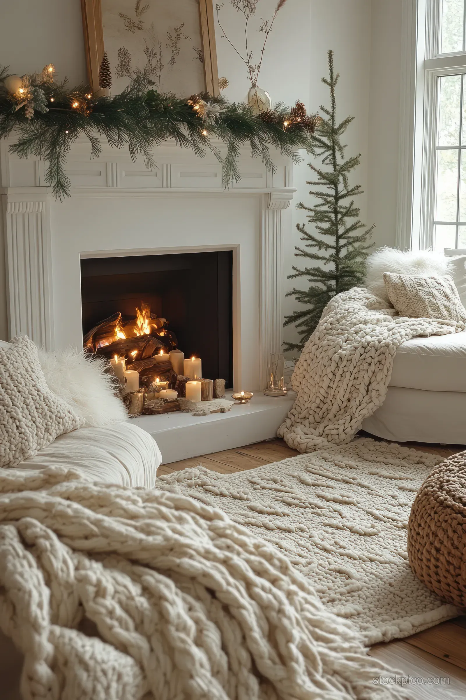 Cozy living room with glowing fireplace, garlands over the mantel, knit throws, and winter light from tall windows.