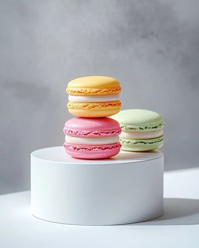Three colorful macarons stacked on a white pedestal against a soft gray studio background
