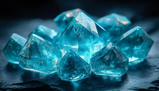 Close-up of glowing blue transparent crystals on dark stone with prismatic light refraction