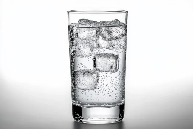 A clear glass of sparkling water with ice cubes on a white background, showing bubbles and condensation.