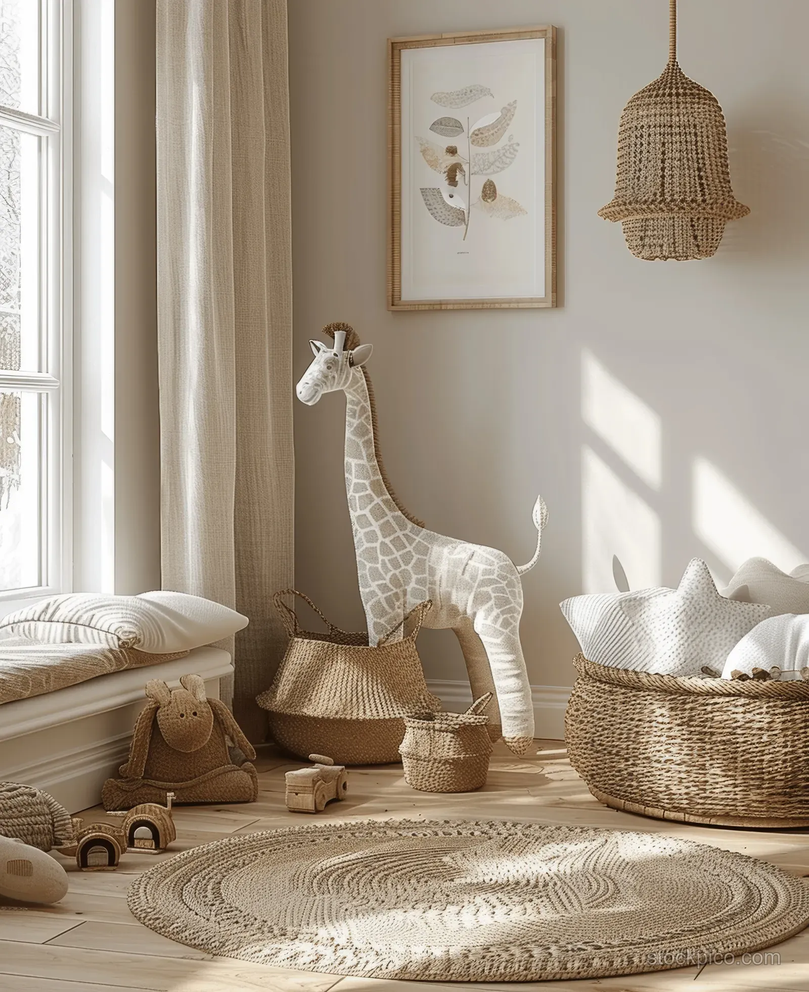 Sunlit minimalist nursery corner with beige walls, a cream crib, wooden toys, and a giraffe figure on woven baskets.
