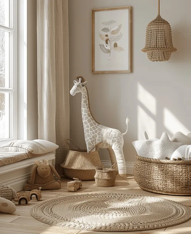 Sunlit minimalist nursery corner with beige walls, a cream crib, wooden toys, and a giraffe figure on woven baskets.