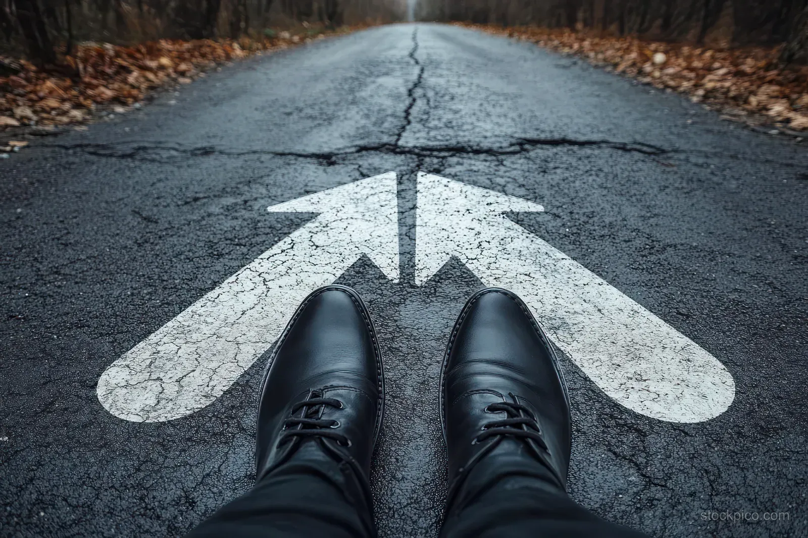 Black leather shoes on cracked asphalt road with two white arrows pointing forward amid fallen autumn leaves.