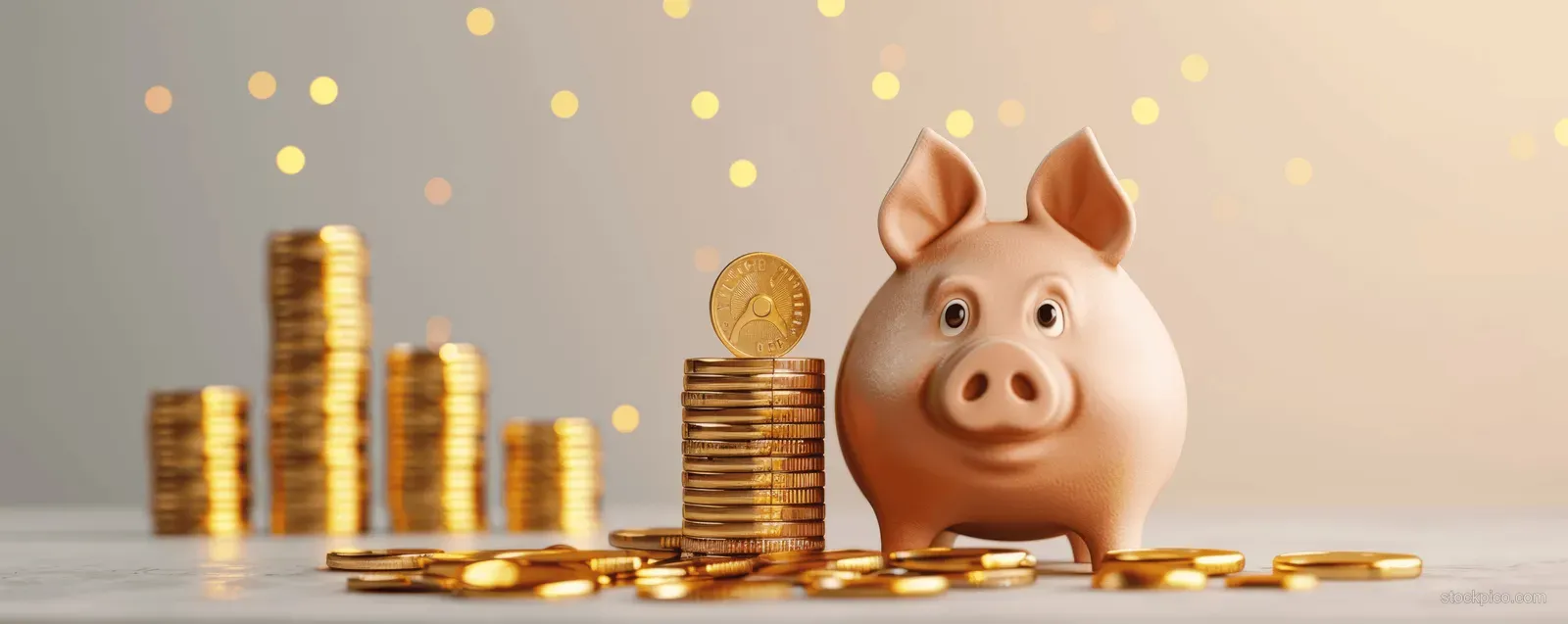 Pink piggy bank with flying gold coins above stacked piles on a warm, softly lit background.