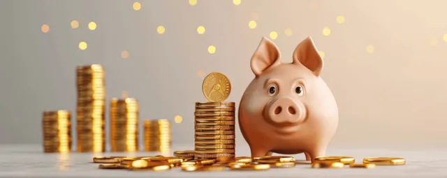 Pink piggy bank with flying gold coins above stacked currency, 3D render