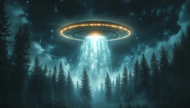 A glowing UFO hovers over a misty pine forest, shining blue-white beams into the dark night sky.