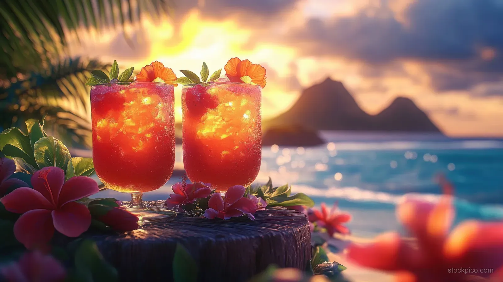 Two tropical cocktails garnished with flowers and mint on a wooden stump beside an ocean sunset and islands.