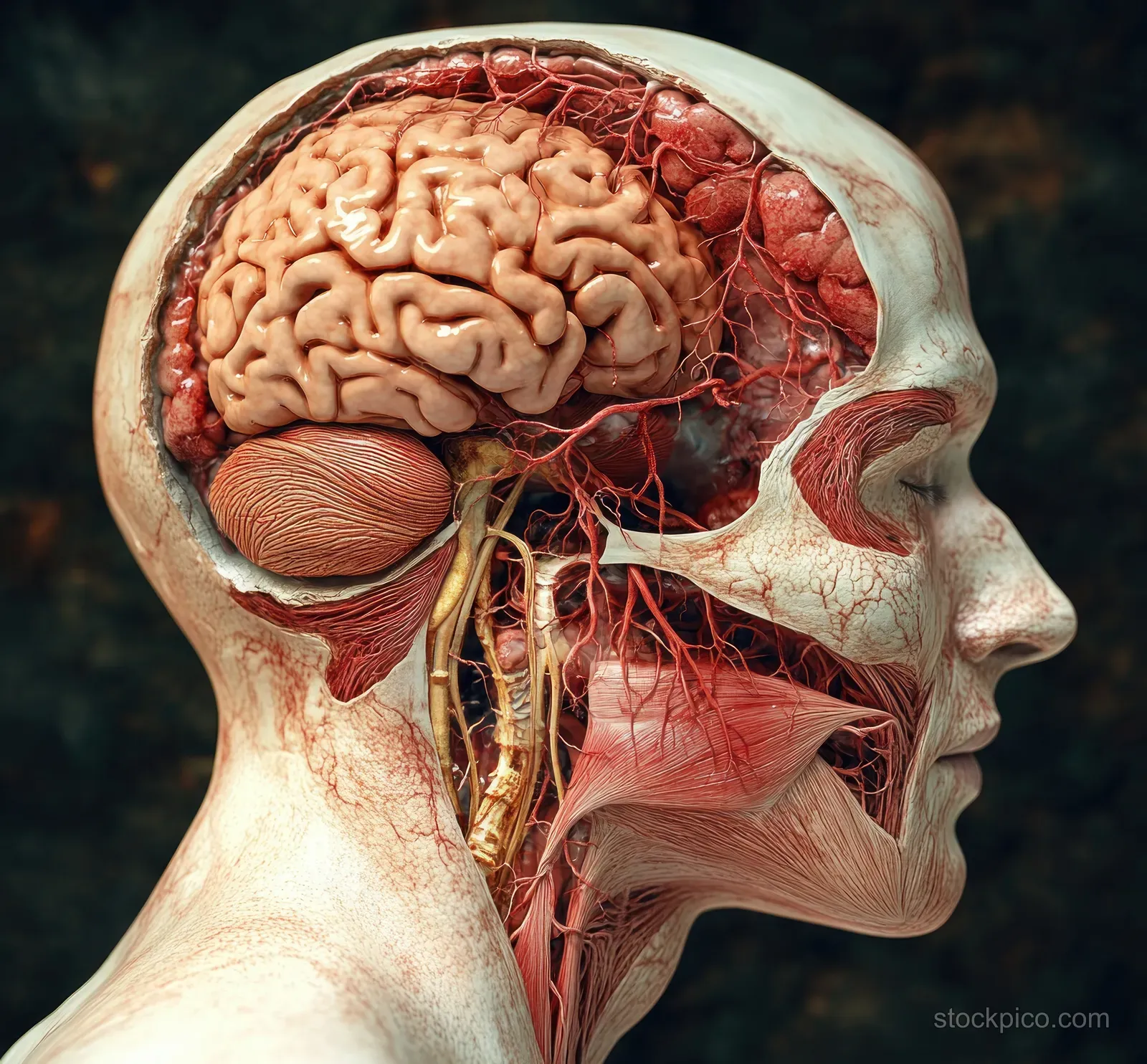 Anatomical cutaway of a human skull revealing the brain cross-section and nervous system pathways.