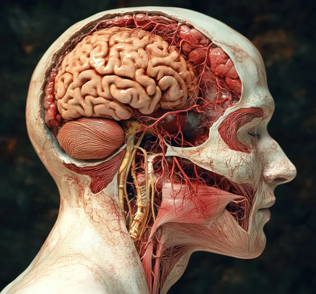 Anatomical cutaway of a human skull revealing the brain cross-section and nervous system pathways.