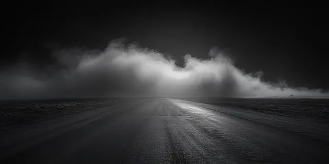 Foggy empty road under moonlight with gritty concrete textures and drifting smoke