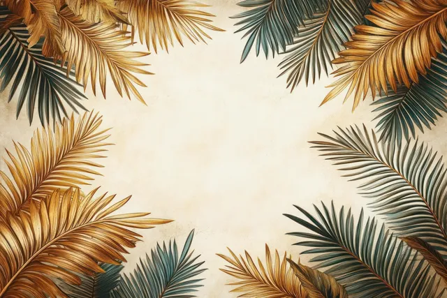 Hojas tropicales doradas y verde azulado dispuestas en un marco decorativo alrededor de un fondo beige texturizado.