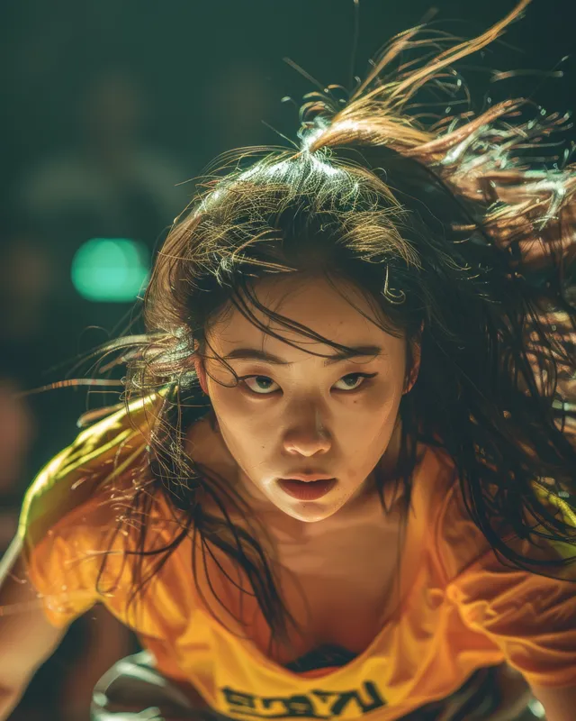A breakdancer spins on stage under dramatic lights during a South Korea singles competition.