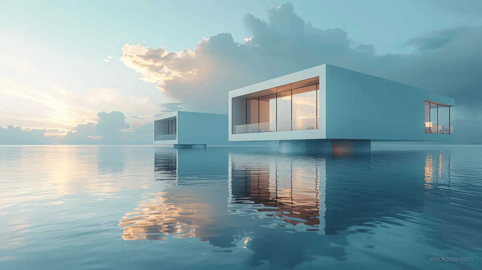Futuristic minimalist glass buildings sit on a horizon with their reflections rippling across still water and a concrete platform.