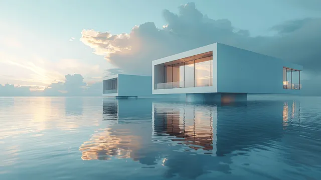 Minimalist futuristic glass buildings reflecting across water, concrete platform in wide horizon view
