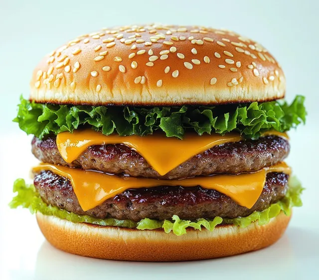 Close-up of a double cheeseburger with sesame bun, melted cheddar, green lettuce, and two beef patties.