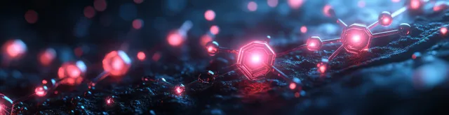 Neon DNA-like molecular network with glowing red and blue nodes and hexagonal pattern on a dark background.